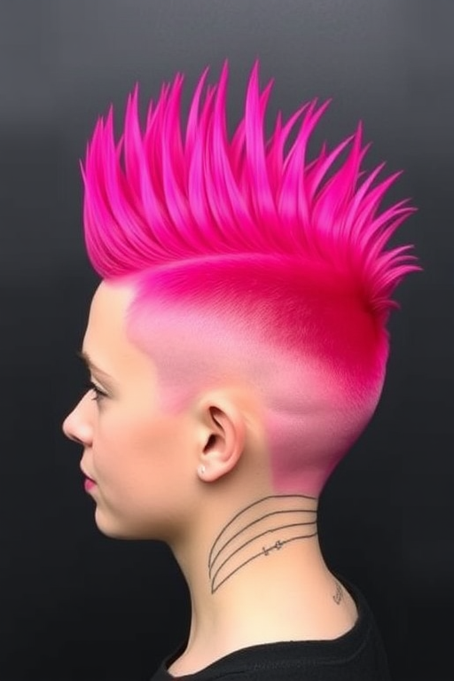 Vivid magenta mohawk fade titled "Fuchsia Flame" tapering from a bold, spiky crown to closely cropped sides with intricate line designs