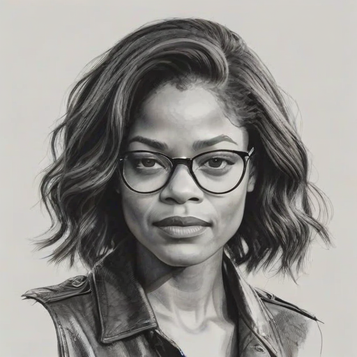 Magnificent Naomie Harris, pencil sketch, portrait of Attractive woman 1944s in glasses, hair style beatnik, outline, clear lines, fine lines, 8k