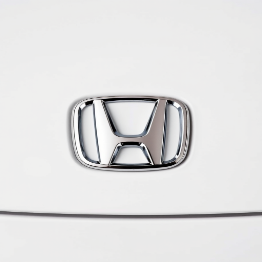 Create a high-resolution image of a metallic Honda logo against a clean white background, using a Canon EOS 5D Mark IV camera, with a 50mm lens at f/1.8, ISO 100, and a shutter speed of 1/200 sec, capturing a sharp, clear view with professional lighting.