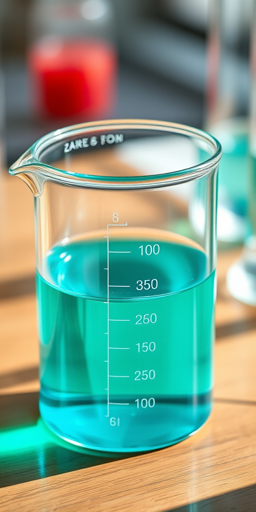 Create a high-resolution image of a clear glass beaker filled with vibrant turquoise liquid, shot in natural light, with a 50mm lens at f/2.8, ISO 100, and a slight overhead view to enhance detail and clarity.