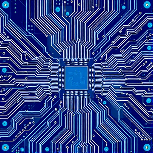 Create an intricate illustration of a blue circuit board design with microchips and connections, using a 50mm lens, f/8 aperture, ISO 100, shot from an overhead view in a digital illustration style.