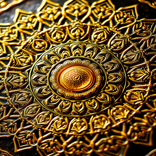 Create a highly detailed mandala design with intricate gold patterns surrounding a luminous circular center, using a macro lens at f/2.8, ISO 100, 1/125s shutter speed, with natural lighting from a soft light source to enhance texture and color vibrancy.