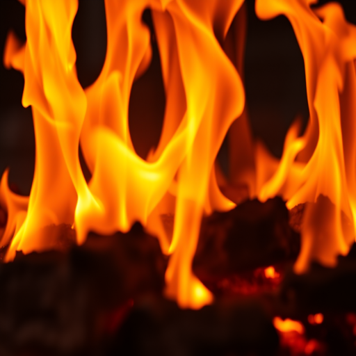 Capture a close-up of roaring flames with vivid orange and yellow hues, using a DSLR camera with a 50mm lens, aperture set to f/2.8, ISO 400, shutter speed 1/500 sec, in a low-angle view to emphasize the intensity of the fire.