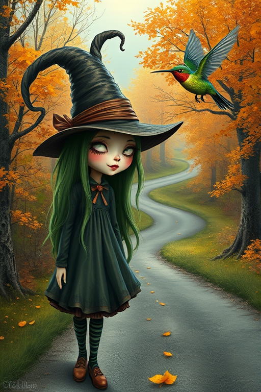 digital art fantasy depicting a strange girl with green hair, long eyelashes, white lipstick and a tall hat walking along a winding road on an autumn afternoon, an Hummingbird smiles as she passes