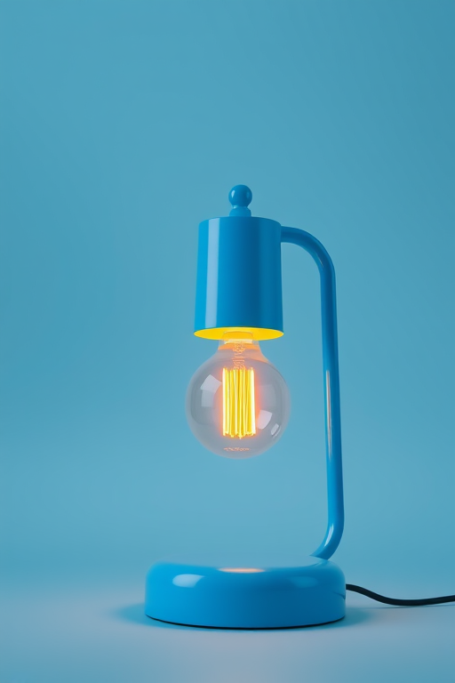 Render a blue desk lamp with a round base and a yellow bulb, high resolution, 50mm lens, f/1.8 aperture, ISO 100, soft lighting, captured from a low angle to emphasize the lamp's design.