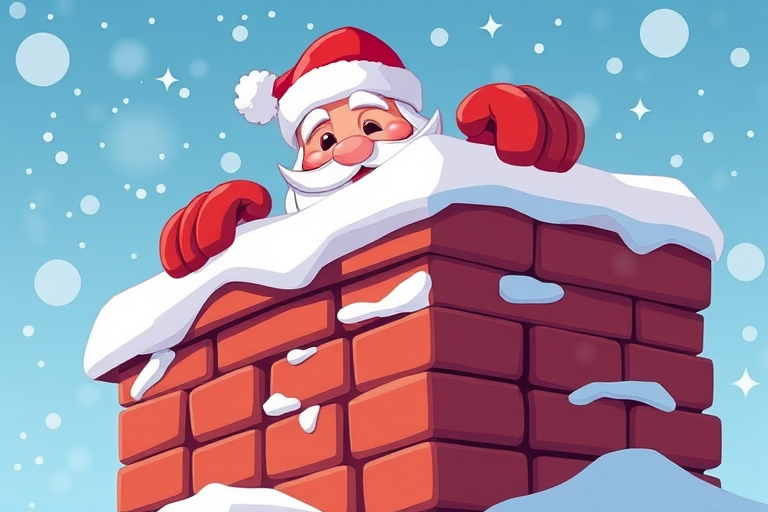 Create a high-resolution illustration of Santa Claus peeking over a snowy chimney, using a DSLR camera with an aperture of f/4, ISO 100, and a focal length of 50mm, in a vibrant, cartoonish style with bright colors and clear outlines.