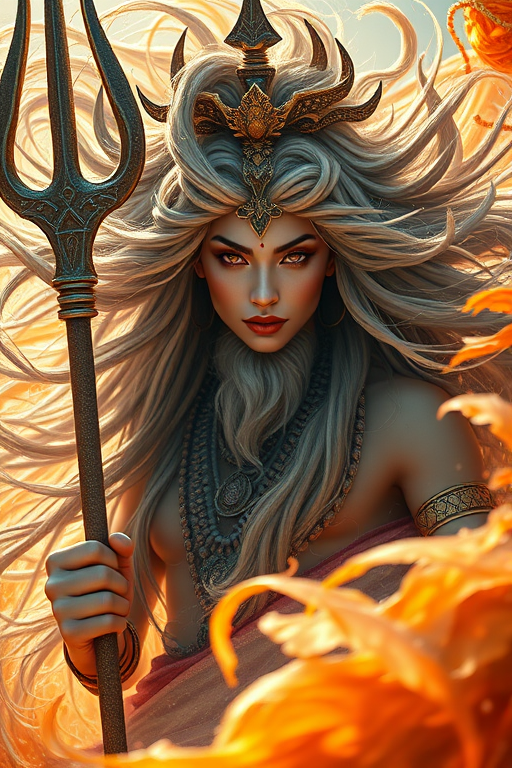 Create an ethereal portrait of a powerful deity with flowing hair and a trident, surrounded by dynamic swirling colors and textures, using a Canon EOS R5, 50mm lens, f/1.8, ISO 100, shot in backlight to enhance dramatic lighting and details.