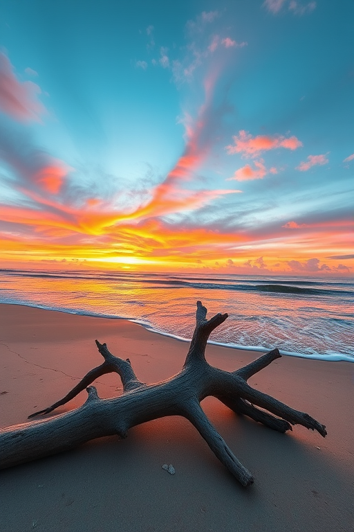 sunset over a calm beach with driftwood in the foreground, vibrant colors in the sky, soft waves lapping at the shore, captured with a DSLR camera at f/11, 1/125s, ISO 100, wide-angle lens, golden hour lighting