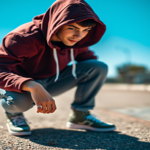Create an image of a person crouching with a hoodie, captured in bright daylight using a DSLR camera with a 50mm lens, aperture set to f/2.8, ISO 100, and a shallow depth of field to focus on the subject while blurring the background.