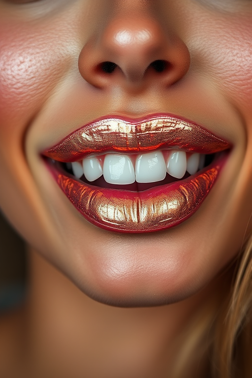 Mesmerizing woman lips adorned with holographic shimmer in iridescent rose gold, full face capture revealing enchanting smile and radiant skin