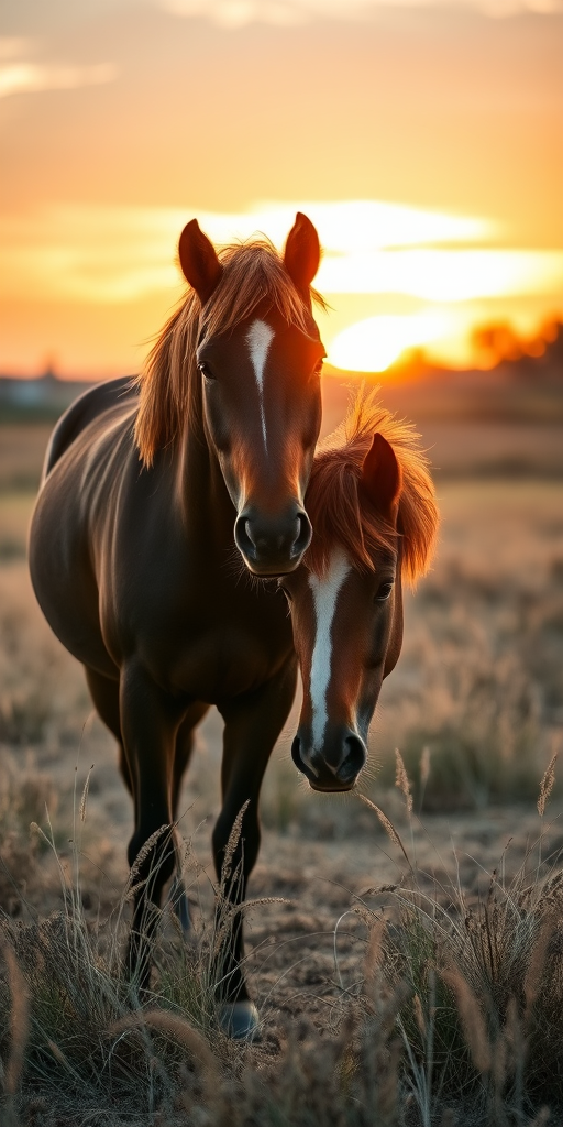 two horses nuzzling in a dry grass field at sunset, shallow depth of field, ISO 200, f/2.8, 50mm lens, DSLR camera, natural light, golden hour, warm tones