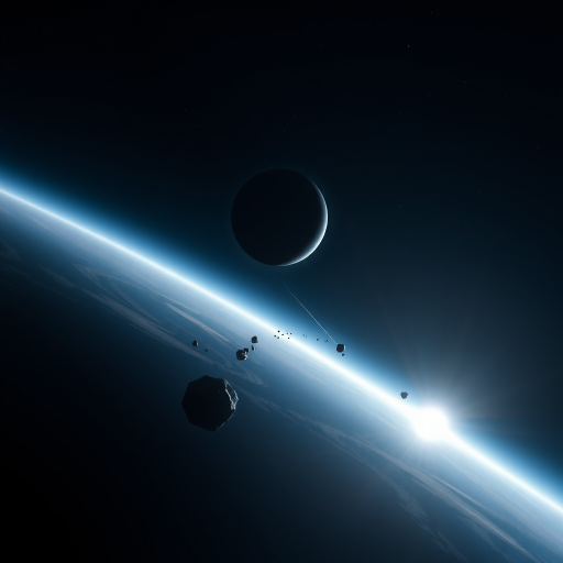 Generate a high-resolution image of a distant planet with a dark surface, surrounded by a bright glow, and a trail of asteroids leading towards a small star; use a DSLR camera with a wide-angle lens, f/8 aperture, ISO 100, and a long exposure to capture the depth of space and enhance star visibility.