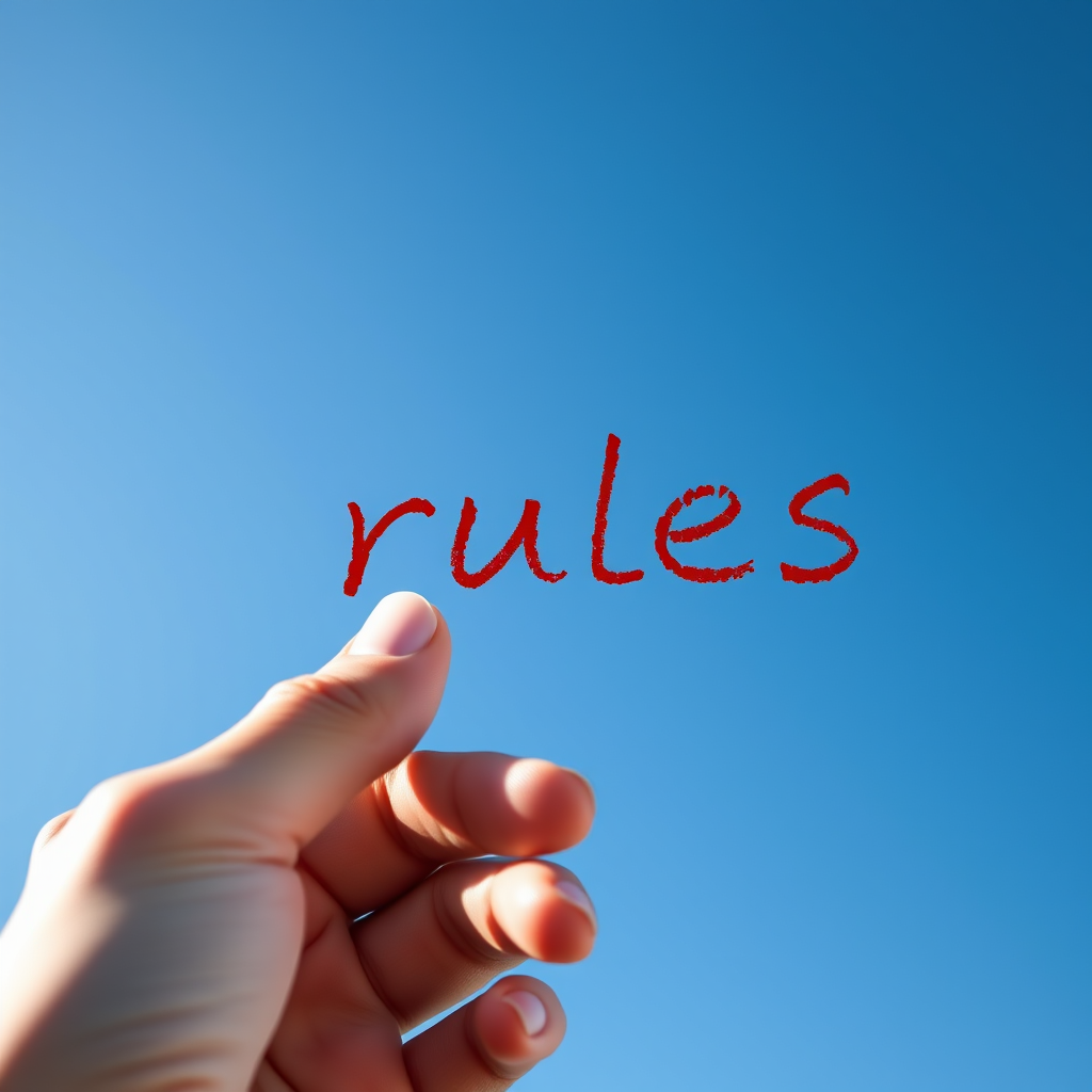 hand holding a red marker writing the word "rules" against a clear blue sky background, shot with a Canon EOS 5D Mark IV, f/2.8 aperture, 1/500 sec shutter speed, 50mm lens, natural light, focus on the hand and marker for clarity