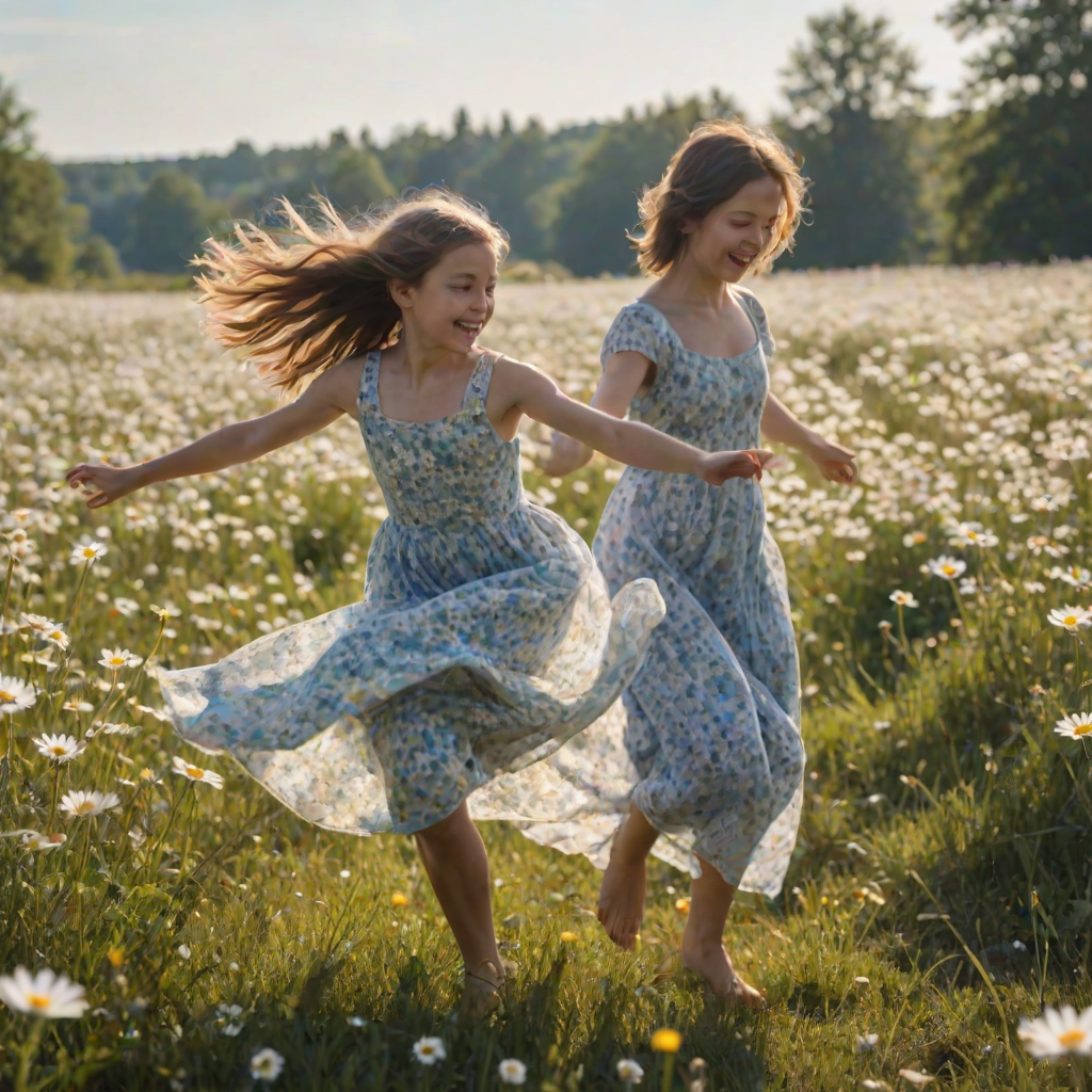 Blurry action shot of a young girl dancing in a field of daisies under a bright blue sky, with soft sunlight illuminating her flowing dress and wildflowers swaying around her.