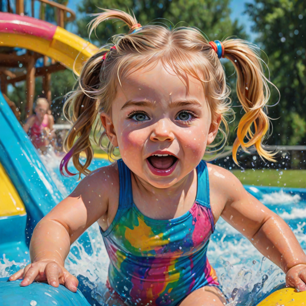 A sassy caricature toddler girl with medium highlighted hair in a messy braid, light eyes, fluffy long lashes, silly funny faces, wearing a colorful swimsuit, going down a waterslide face first, lots of water, created in highlighted chalk style, vibrant colors, background is a park with acrylic paint, airbrush