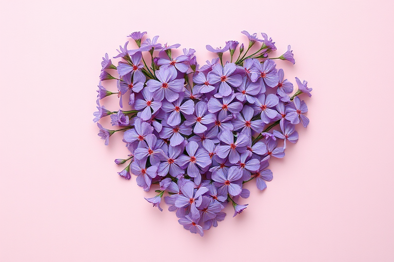 Create an image of a heart-shaped arrangement of delicate purple flowers on a soft pastel background, using a 50mm lens, f/2.8 aperture, ISO 100, with a shallow depth of field to enhance the details, photographed with a DSLR camera from a top-down view.