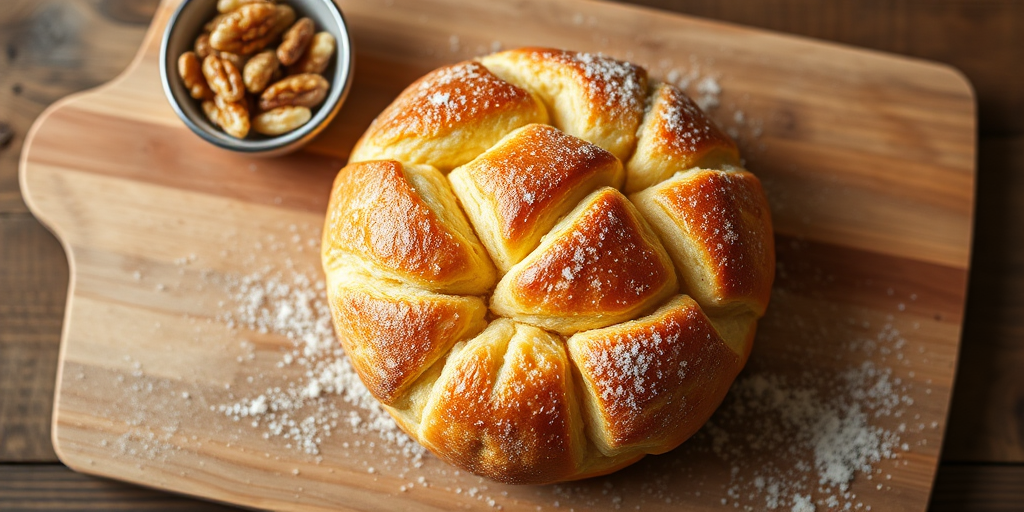high-resolution image of a freshly baked pastry on a wooden cutting board with a small dish of nuts, natural light, macro lens, aperture f/2.8, shutter speed 1/100s, ISO 100, top-down view