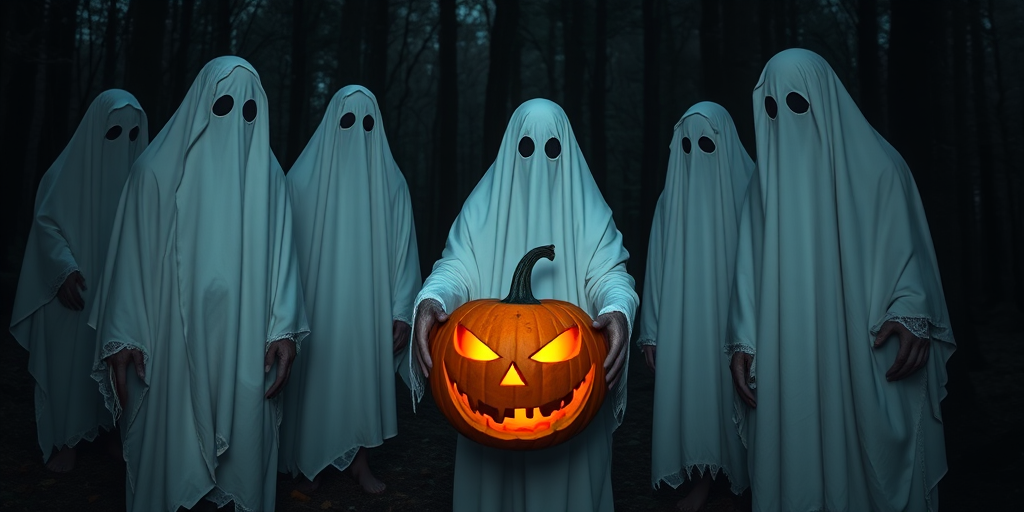 A group of ghostly figures in white sheets with eye holes standing in a dark forest holding a carved pumpkin with a menacing face, creating an eerie Halloween atmosphere.