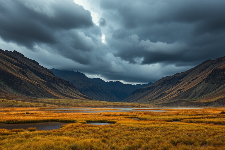 Landscape of rugged mountains and dark clouds over a tranquil marsh, captured with a Canon EOS R5, 24mm f/2.8 lens, f/8 aperture, ISO 100, and a shutter speed of 1/125s, with a wide-angle view to enhance depth and detail.