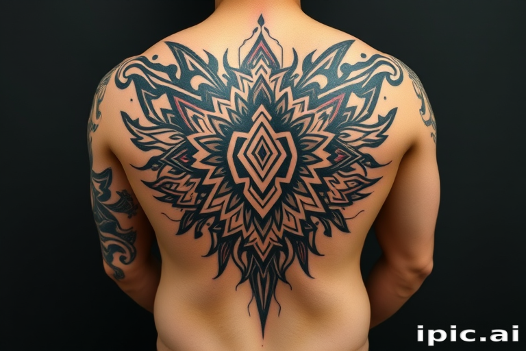 Tribal fusion tattoo named "Ancestral Echoes" blending traditional Polynesian motifs with modern geometric elements to create a unique and dynamic flow across the body