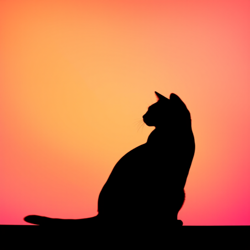 Create a high-resolution image of a stylized cat silhouette against a vibrant gradient background, using a DSLR camera with a 50mm lens at f/1.8, ISO 100, and a shallow depth of field to emphasize the silhouette while softly blurring the background.
