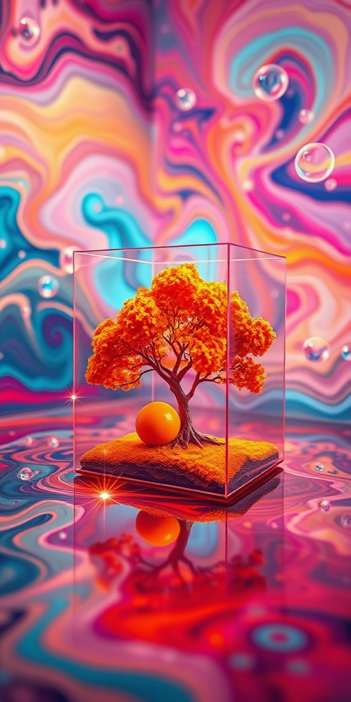 Create a vibrant surreal landscape featuring a glass cube with an orange tree inside, surrounded by swirling colorful liquid patterns and luminescent orbs, shot with a Canon EOS R5, 24mm lens, f/1.8, ISO 100, in a soft focus style for enhanced depth and vivid colors.
