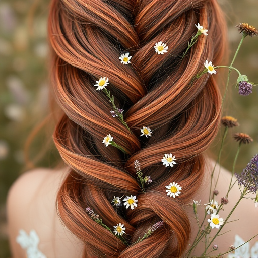 Romantic copper-hued mermaid braid interwoven with delicate wildflowers, evoking a bohemian goddess aesthetic, titled "Autumn Reverie"