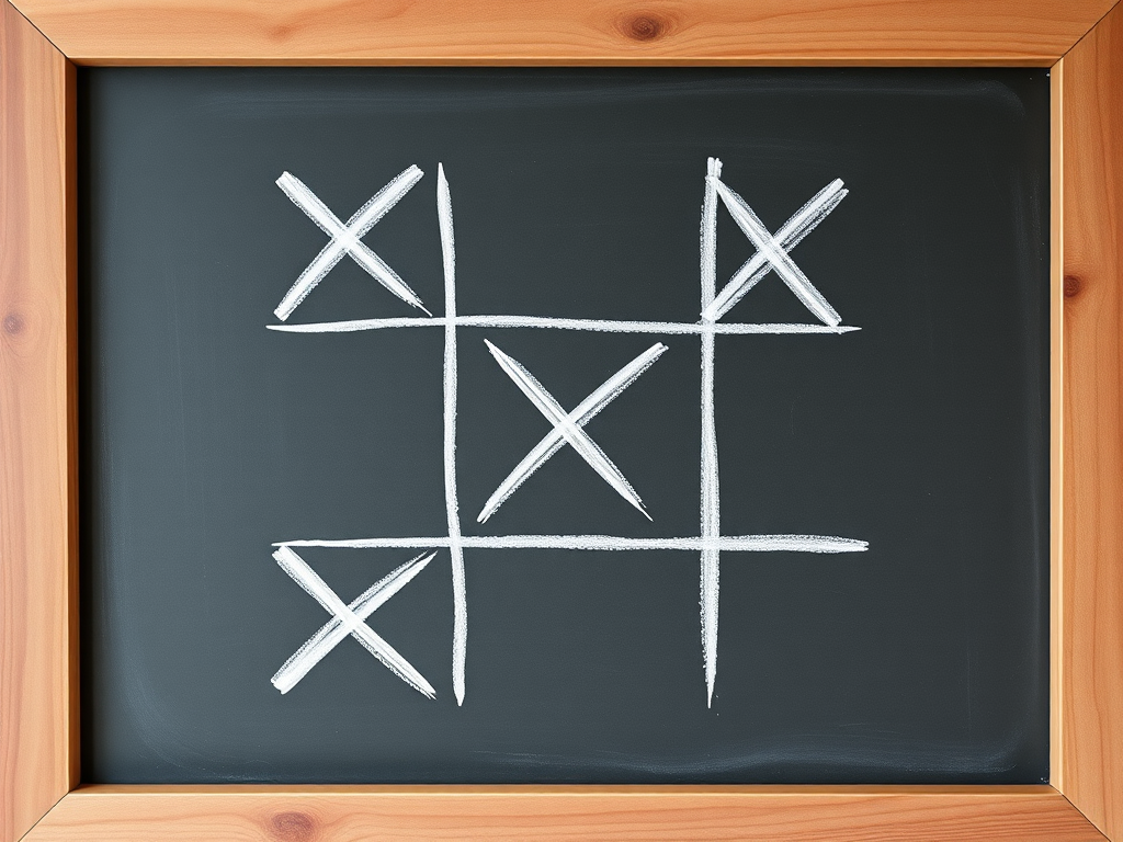Create a high-resolution image of a chalkboard with a tic-tac-toe game drawn in white chalk, framed in a wooden frame, taken with a DSLR camera at f/2.8 aperture, 50mm lens, ISO 100, natural lighting, and a slight overhead angle to capture the texture of the chalk and board.