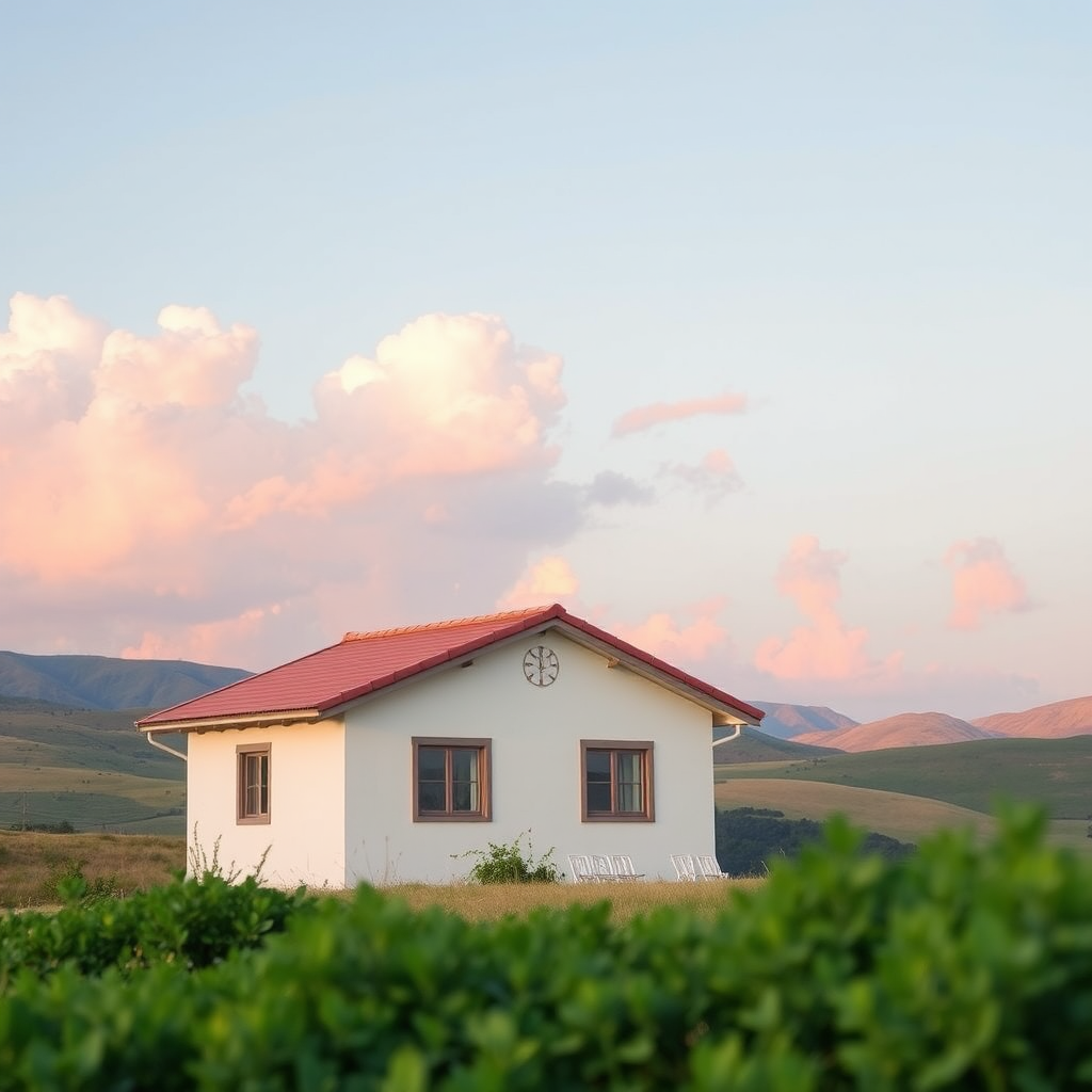 A pastel-colored landscape with soft pink clouds, a simple house with decorative details, gentle hills in the background, vibrant greenery in the foreground, captured with a Canon EOS R5, 50mm lens, f/2.8, ISO 100, natural light, shallow depth of field.