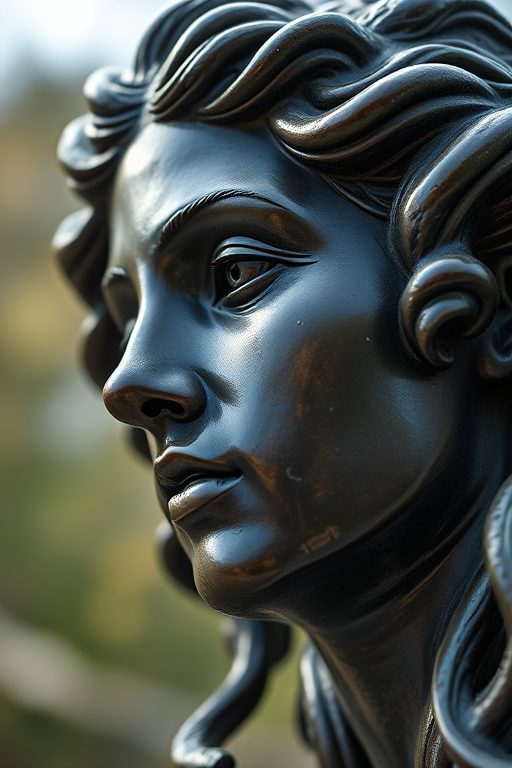 Regenerate a close-up of a bronze statue of a woman with curly hair, captured with a Canon EOS R5, 50mm lens, f/1.8 aperture, ISO 100, natural lighting, and a shallow depth of field to enhance details.