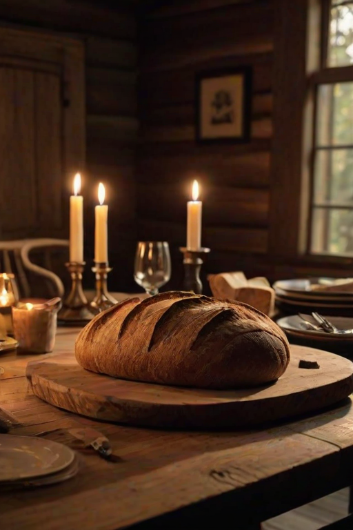 Warmly lit photo of a rustic dining room set for dinner, with soft candlelight reflecting off the tableware, and a loaf of freshly baked bread resting on a wooden cutting board.
