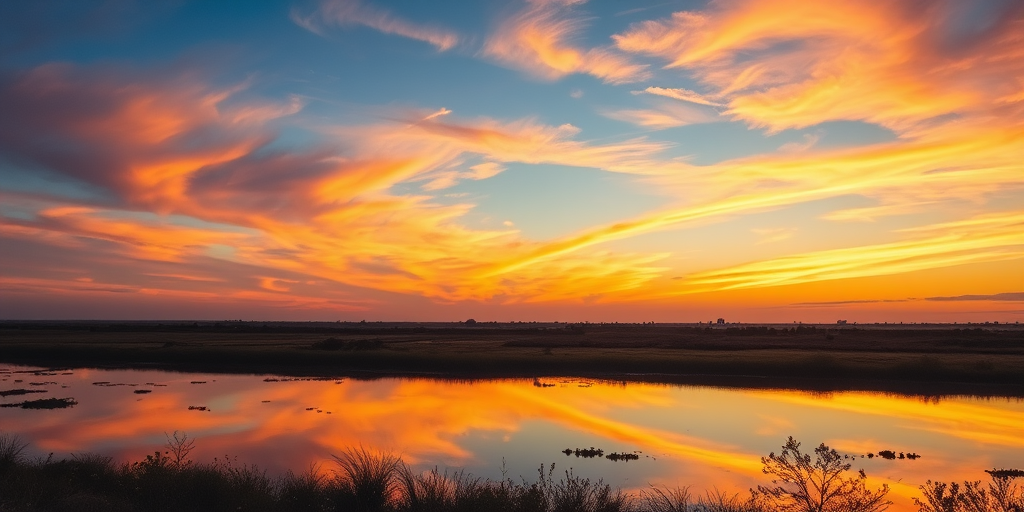 Create a high-resolution image of a serene landscape at sunset, using a Canon EOS R5 with an 85mm lens, f/1.8, ISO 100, 1/200 sec, capturing a wide-angle view to highlight vibrant colors in the sky and reflections in the water.