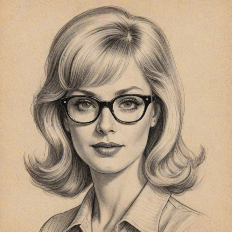 Ravishing Barbara Crampton, pencil sketch, portrait of Splendid woman 1946s in glasses, hair style beatnik, outline, clear lines, fine lines, 8k