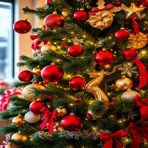 Create a festive image of a beautifully decorated Christmas tree filled with vibrant red and gold ornaments. The tree should be adorned with twinkling white lights, and there should be a warm, cozy atmosphere. Include ribbons and other holiday decorations to enhance the festive feel.