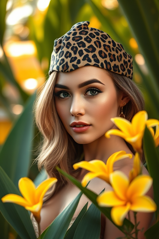 portrait of a woman with a leopard-print headpiece surrounded by tropical foliage and vibrant yellow flowers, soft focus background, natural light, f/2.8 aperture, 85mm lens, shot on a DSLR camera with high-resolution settings, golden hour lighting for warm tones