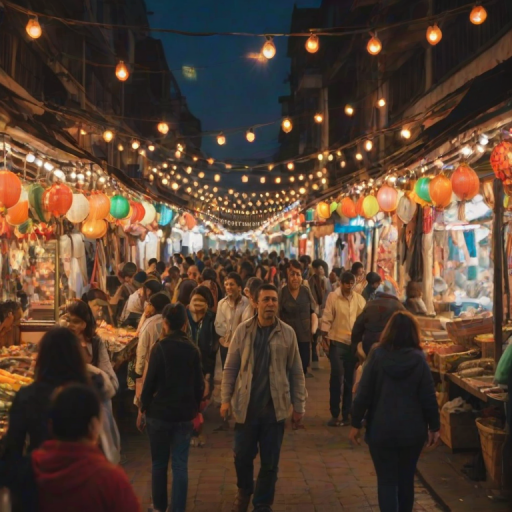 Blurry, candid shot of a group of tourists exploring a bustling street market, soft glow from overhead string lights illuminating colorful stalls, the smell of exotic spices filling the air.