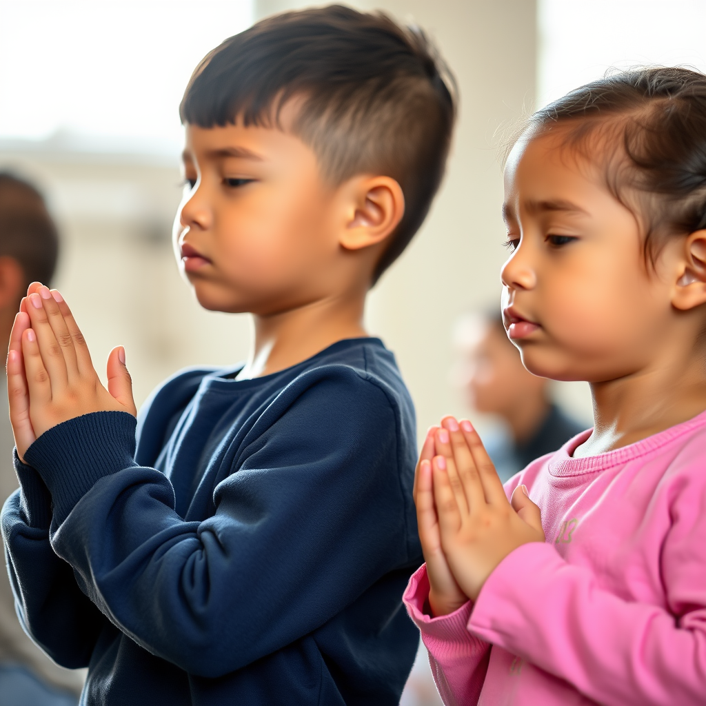 portrait of two children in prayer position side by side with soft focus background, natural light, 50mm lens, f/1.8 aperture, ISO 200, shallow depth of field, captured with a DSLR camera