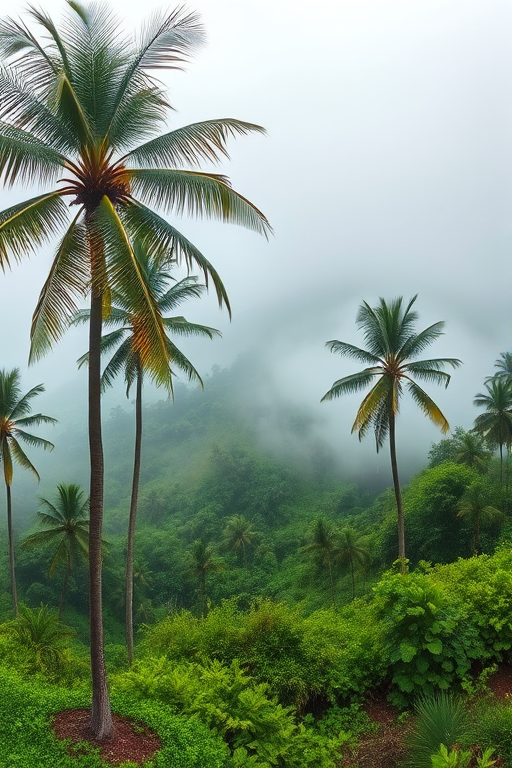 A panoramic landscape of a foggy tropical hillside with palm trees in the foreground and lush green vegetation in the background, captured with a Canon EOS R5, 24mm lens, f/8 aperture, ISO 100, and a soft-focus effect for a serene atmosphere.
