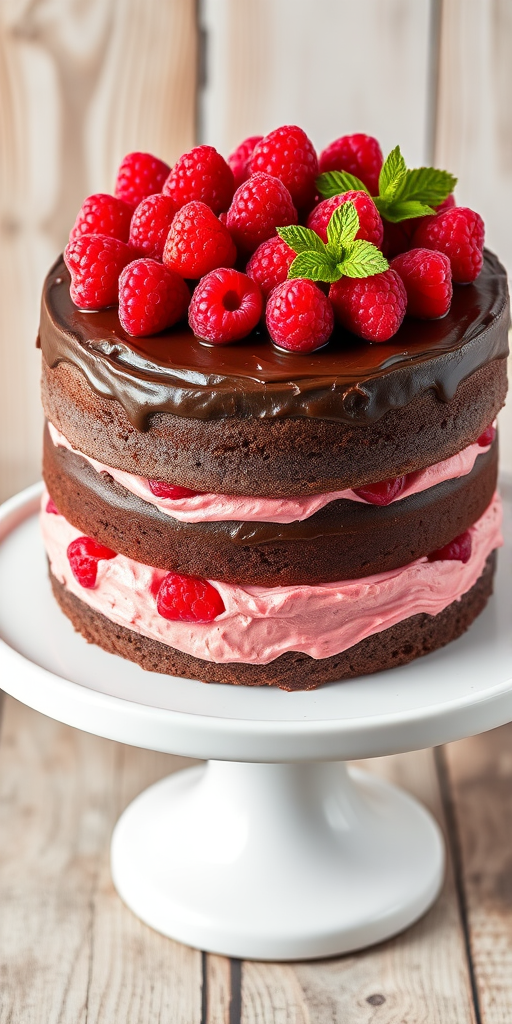 A richly decorated chocolate cake with layers of vibrant raspberry filling and frosting topped with fresh raspberries and mint leaves on a white cake stand with a rustic wooden background.