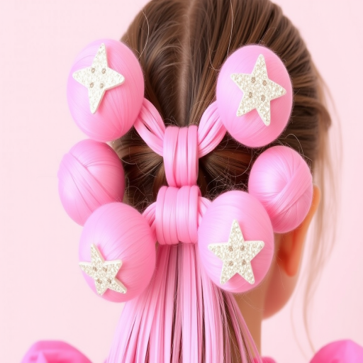 Playful bubble ponytail in cotton candy pink, featuring multiple hair ties creating spherical sections, adorned with glittery star-shaped clips for a fun twist