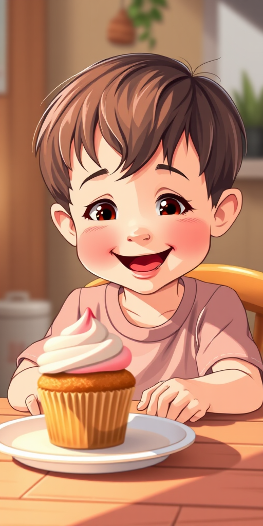 Create an illustration of a smiling child with short hair sitting at a table, excitedly looking at a cupcake on a plate, using a soft focus lens, f/2.8 aperture, 50mm focal length, natural lighting, with an emphasis on vibrant colors and playful expressions.