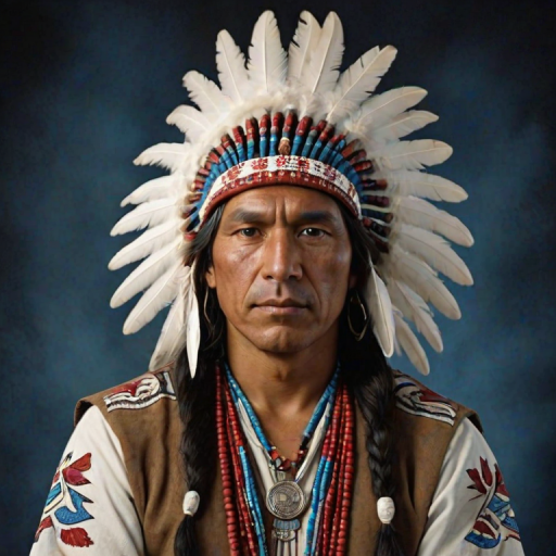 Create a dignified portrait of a Native American man dressed in traditional attire. He wears a beautifully crafted headdress adorned with white feathers and red beads, along with a beaded headband featuring intricate patterns. His clothing includes a deep blue, patterned shirt and a traditional chest piece with detailed beadwork. His arms are crossed, displaying leather armbands decorated with feathers. The background is simple and neutral, emphasizing his proud and stoic expression. The overall image captures the rich cultural heritage and strength of his persona.
