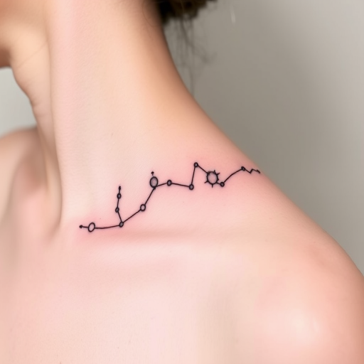 Minimalist single-line tattoo dubbed "Cosmic Connection" portraying constellations and celestial bodies linked by a continuous flowing line in subtle white ink