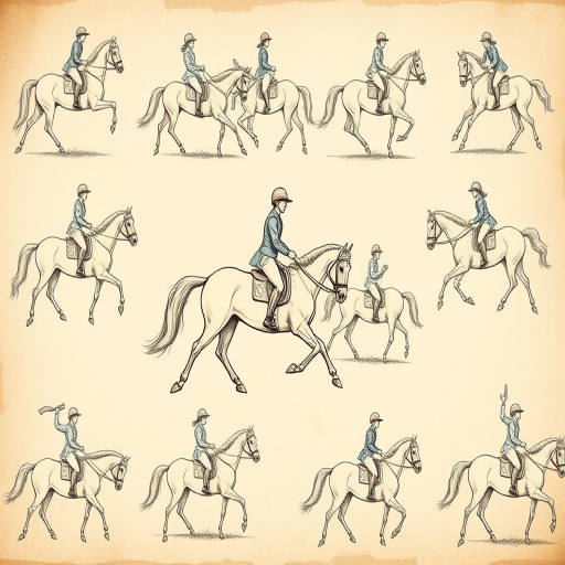 high-resolution vintage-style illustrations of horses and riders arranged in a grid, featuring detailed line art and sepia tones, designed to capture the grace and movement of equestrian subjects, shot with a Canon EOS R5, 50mm lens at f/1.8, ISO 100, shutter speed 1/250, natural ambient lighting, slight vignette for emphasis