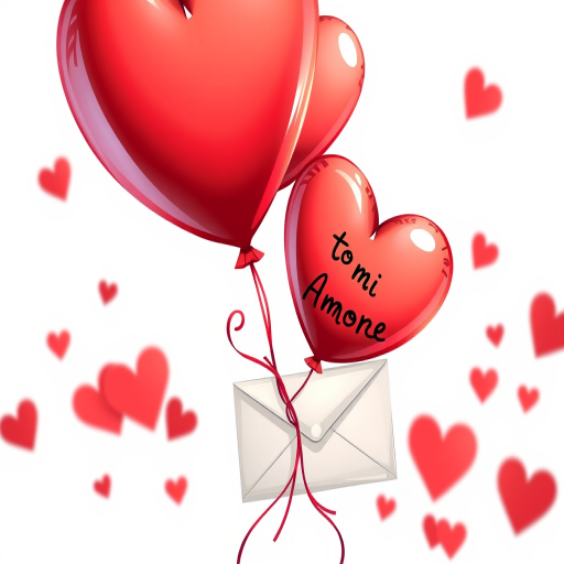 Create a vibrant illustration of two red heart balloons tied together with a decorative string, attached to an envelope that says "to Mi Amore," using a digital art style with high resolution, soft lighting, and a clean white background, simulating a DSLR camera with a 50mm lens at f/2.8 for a shallow depth of field and vibrant colors.