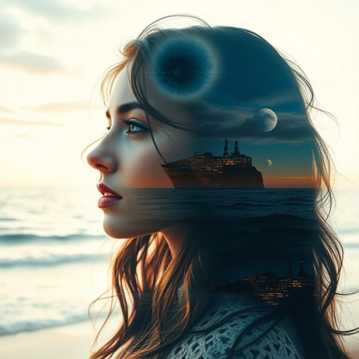 this photo is Book cover, A surreal double exposure portrait that blends a woman's face with a beautiful seascape. The overall mood is dreamy and mystical, with rich colors and intricate details