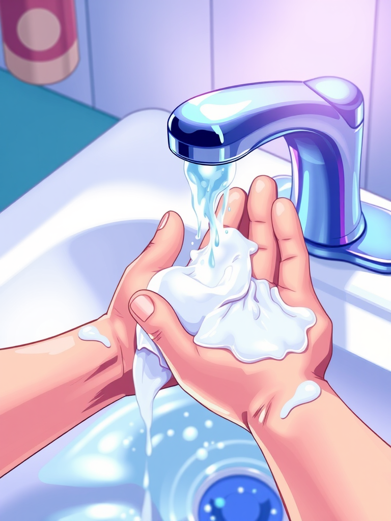 Create a high-resolution illustration of hands washing with soap under a running faucet, using vibrant colors, bright lighting, a close-up view, a digital art style, and a drawing tablet for enhanced details.