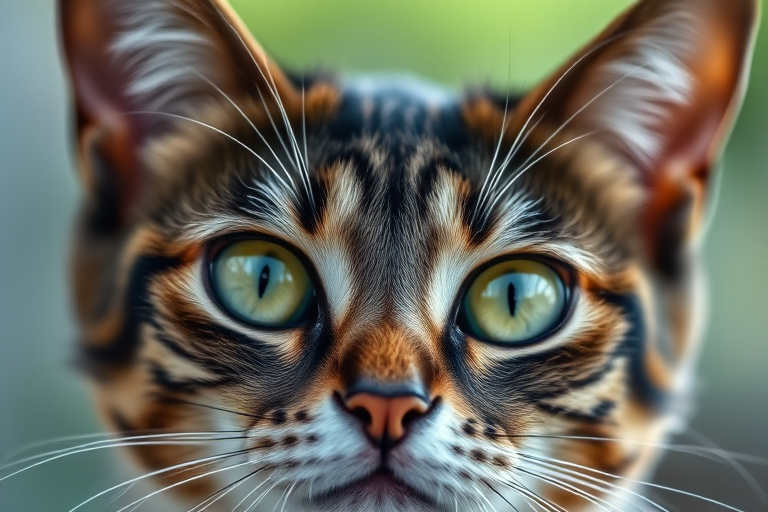 close-up shot of a cat with striking green eyes, soft focus background, natural lighting, ISO 200, f/2.8, 50mm lens, DSLR camera, macro view, high resolution