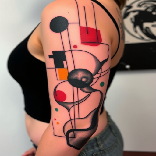 Avant-garde abstract tattoo with bold geometric shapes and fluid organic forms, rendered in a striking monochromatic palette with pops of vibrant color for a contemporary artistic statement