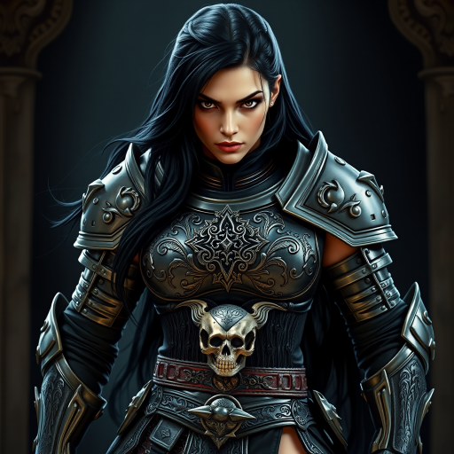 Create a photo of a fierce female warrior with long black hair, wearing an ornate, metallic armor. The armor includes a breastplate with intricate designs, shoulder guards, and gauntlets. The breastplate is decorated with a central emblem, possibly representing a mythical symbol, and has a sculpted, form-fitting design. She wears a belt with a large skull ornament at the center, and her armor extends into a partial skirt, revealing one leg. The overall look is both protective and stylish, with a dark, gothic aesthetic. The background is dimly lit, suggesting a medieval or fantasy setting, enhancing the warrior's imposing presence and intense expression.